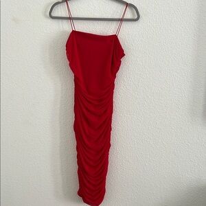 B Darlin Red Ruched Midi Dress with Spaghetti Straps for Night Out